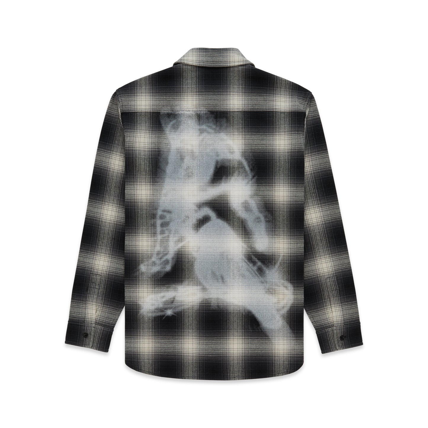 Black and beige plaid cotton flannel shirt with a faded white graphic print on the back.