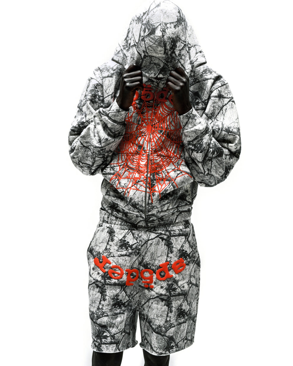 REALTREE OG WEB V2 SWEATSHORT in grey camo with orange web print and "Vapede" text.