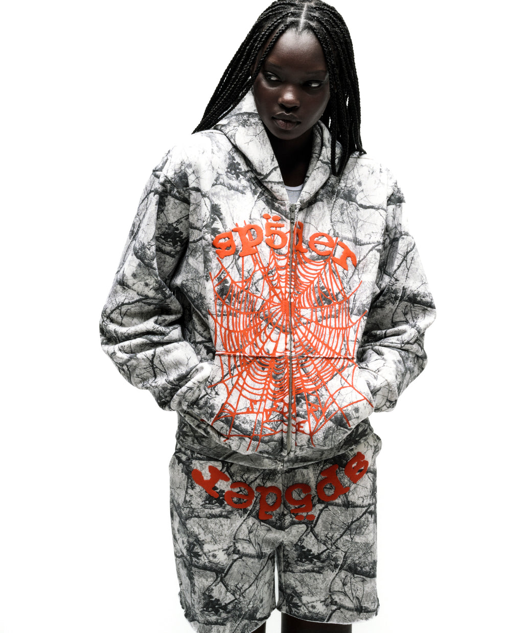 REALTREE OG WEB V2 ZIP HOODIE with white and grey camo, orange spiderweb, and "spider" puff print.