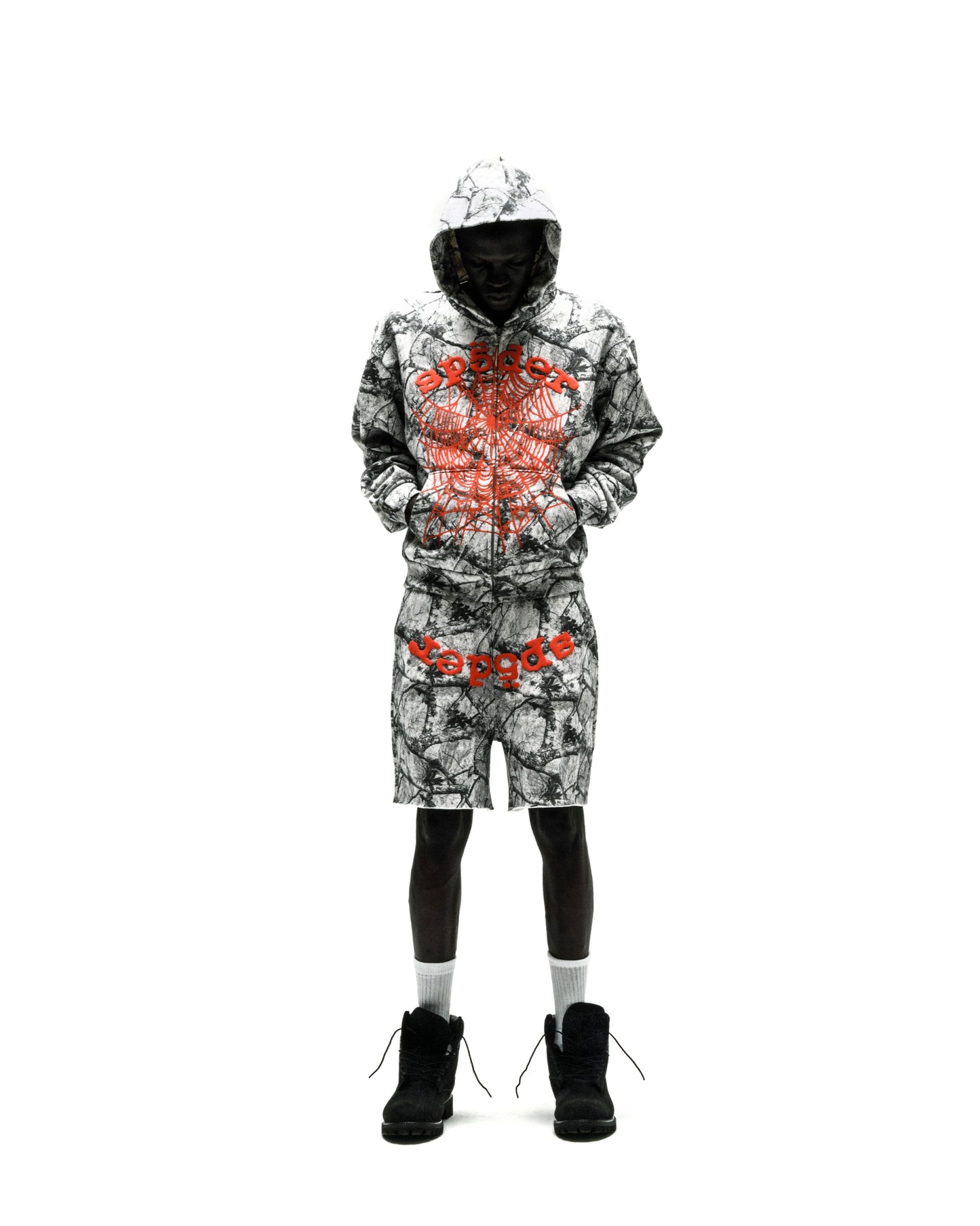 REALTREE OG WEB V2 ZIP HOODIE and matching shorts with red puff print on cotton fleece.