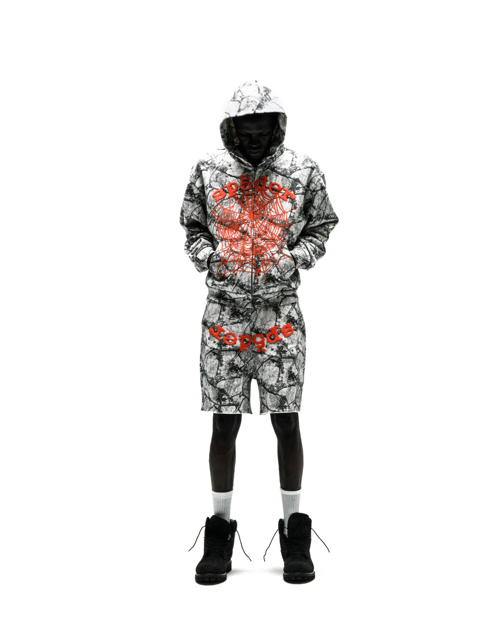 REALTREE OG WEB V2 ZIP HOODIE and matching shorts with red puff print on cotton fleece.