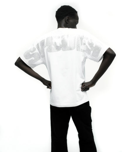 RHINESTONE SILK TEE ON MODEL