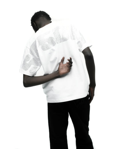 RHINESTONE SILK TEE ON MODEL