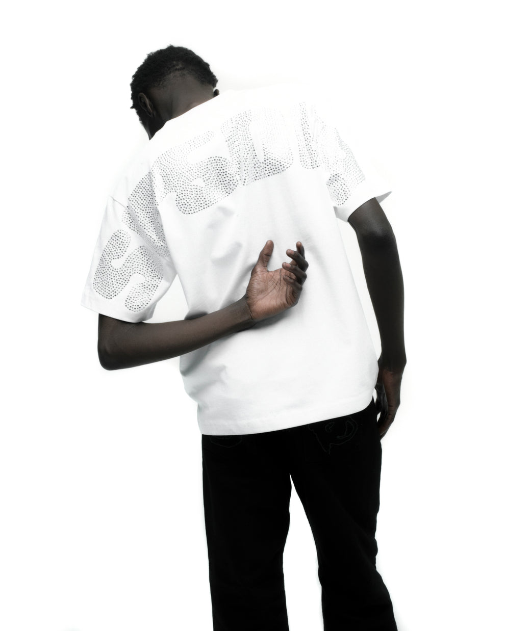 RHINESTONE SILK TEE ON MODEL