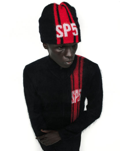 Black mohair knit RALLY BEANIE with red vertical stripes and white "SP5" logo.