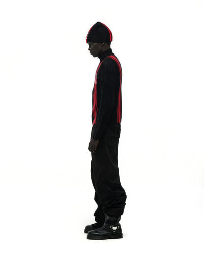 Black mohair knit zip sweater with red vertical stripes, stand collar, and "SP5" logo.