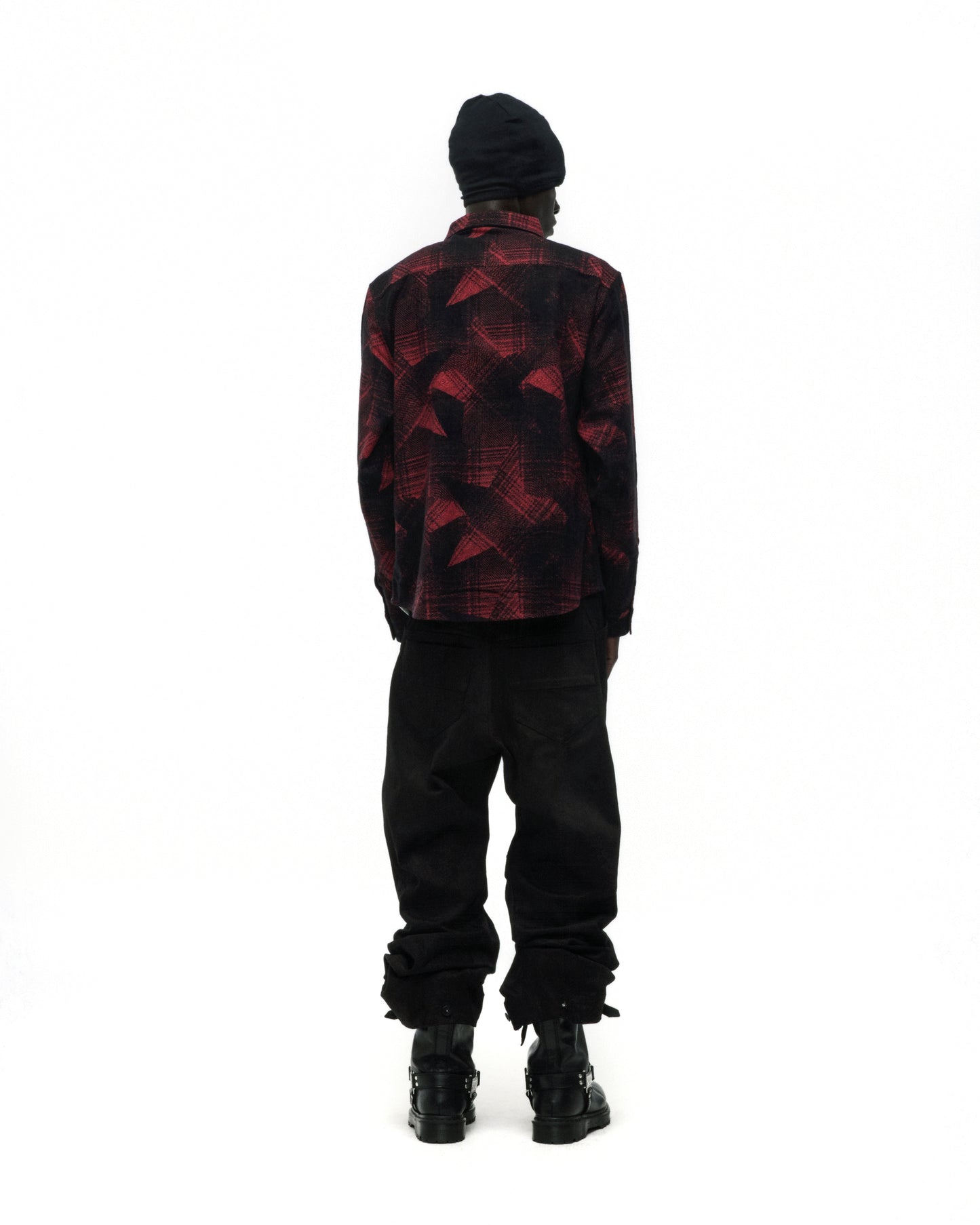 STAR PLAID FLANNEL: Red and black cotton flannel shirt with plaid and SP5 graphic, worn with black pants and boots.
