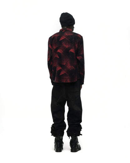STAR PLAID FLANNEL: Red and black cotton flannel shirt with plaid and SP5 graphic, worn with black pants and boots.