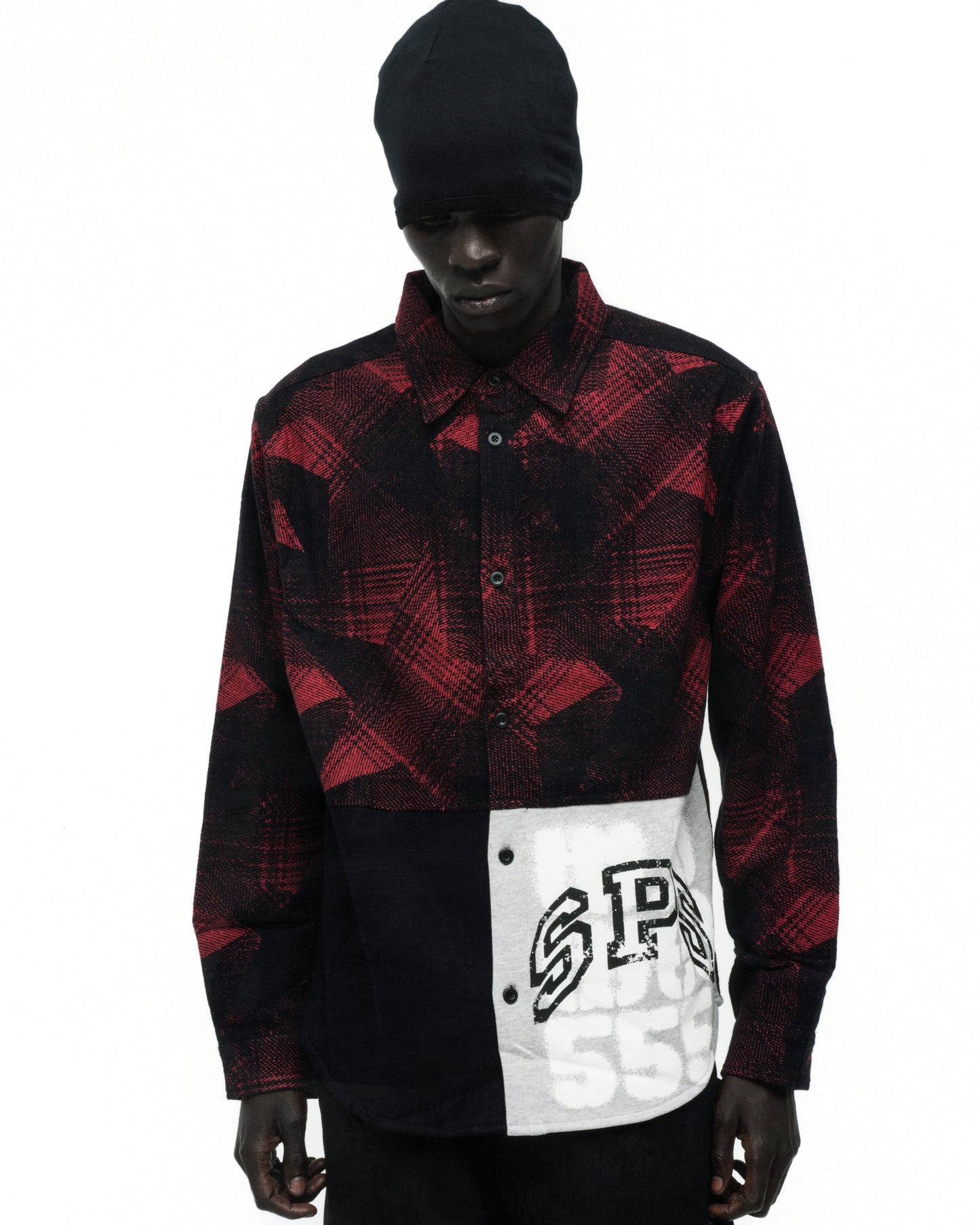 STAR PLAID FLANNEL: Red and black cotton flannel shirt with paneled construction, SP5 graphic, and spread collar.