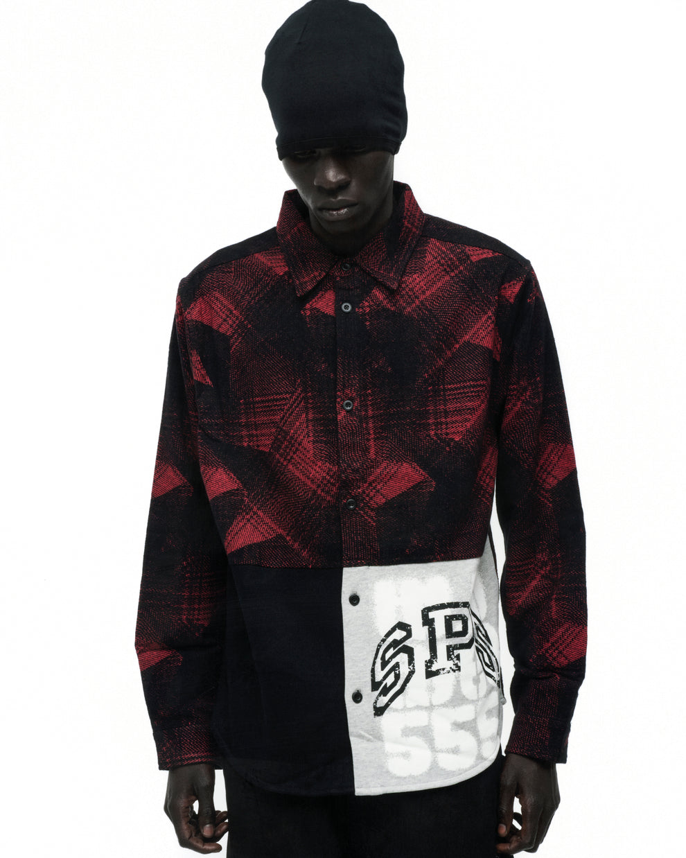 STAR PLAID FLANNEL: Red and black cotton flannel shirt with paneled construction, SP5 graphic, and spread collar.