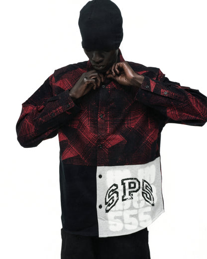 Red and black plaid cotton flannel shirt with paneled construction and SP5 graphic.