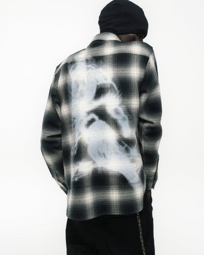 BURNOUT FLANNEL: Cotton flannel shirt with black and white plaid, featuring a faded graphic print on the back.