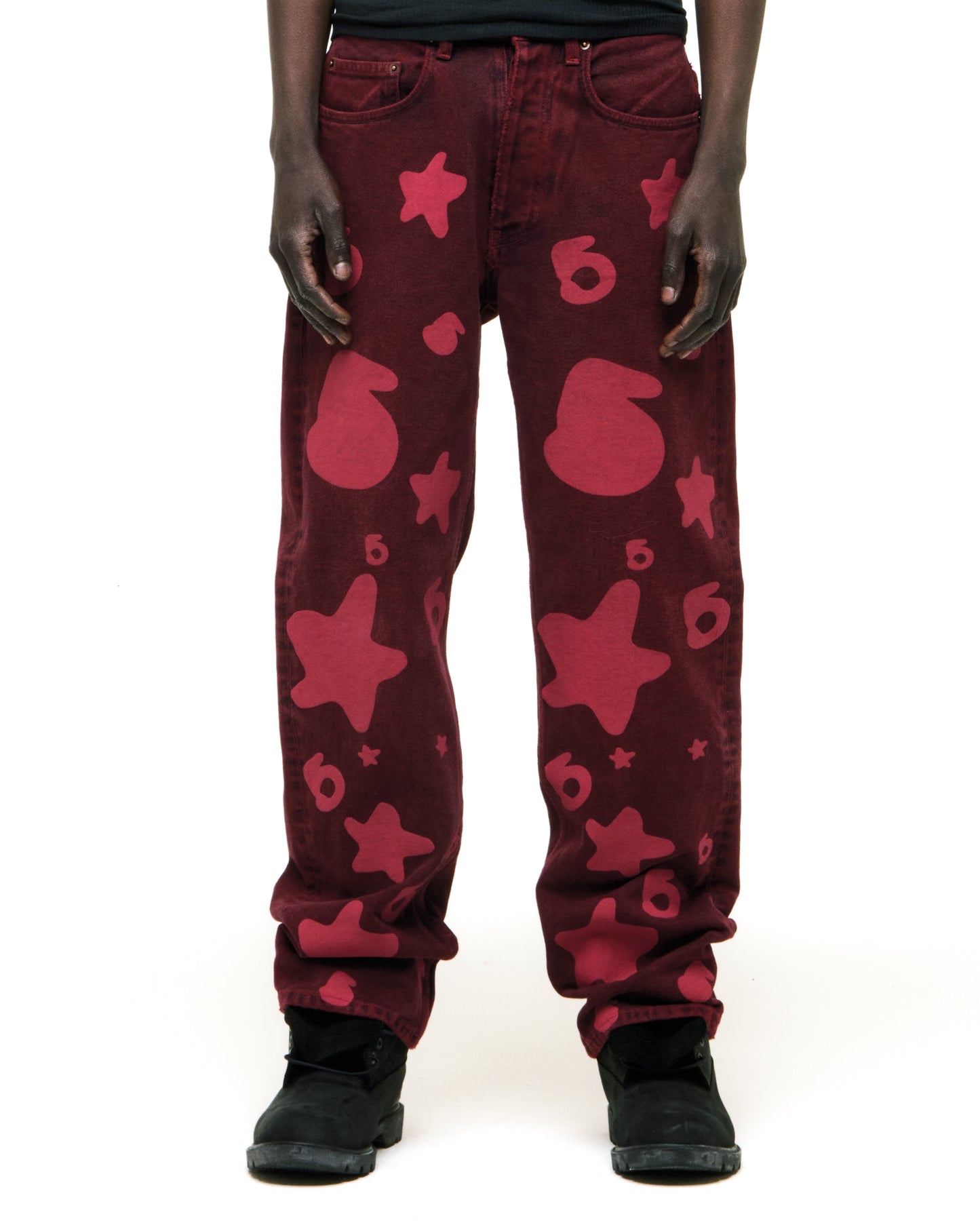 BELUGA DENIM faded wash red jeans with pink Beluga print, custom hardware, and straight leg fit.