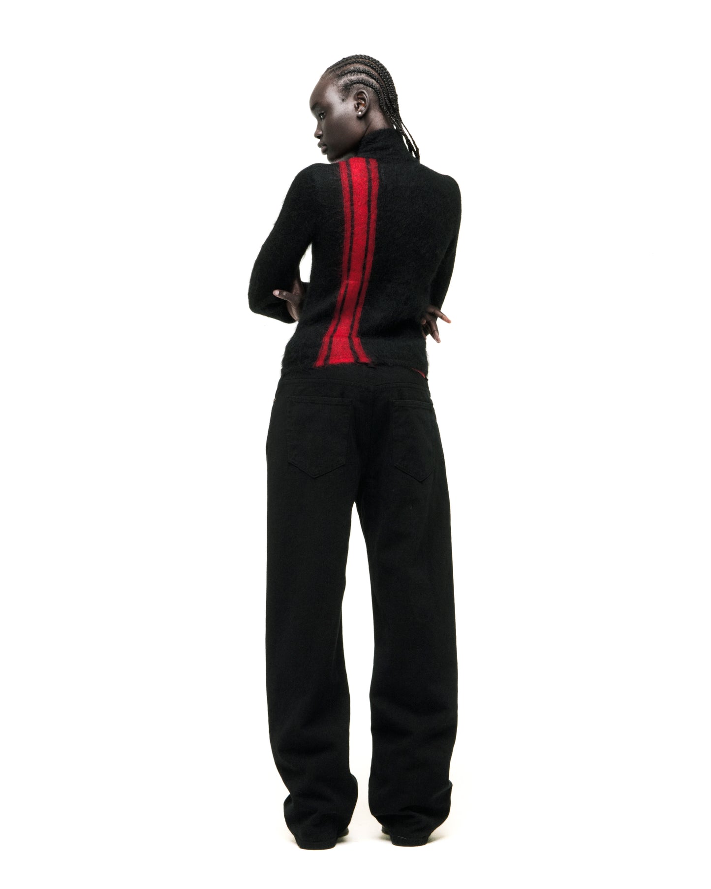 Black mohair knit zip sweater with a bold red vertical stripe and stand collar.