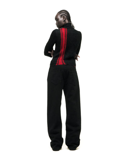 Black mohair knit zip sweater with a bold red vertical stripe and stand collar.