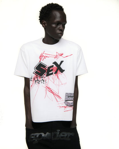 White cotton VIVIENNE TEE with bold black "SEX" graphic and red scribble design.