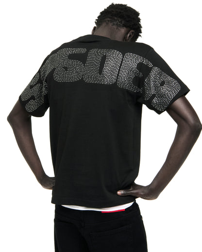 Black cotton tee with rhinestone embellished graphic on the back.