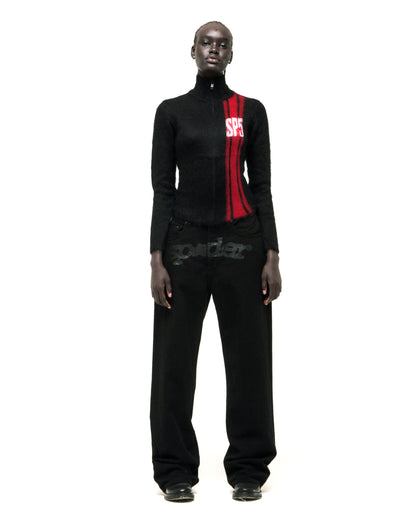 Black mohair knit zip sweater with red vertical stripe and "SP5" logo.