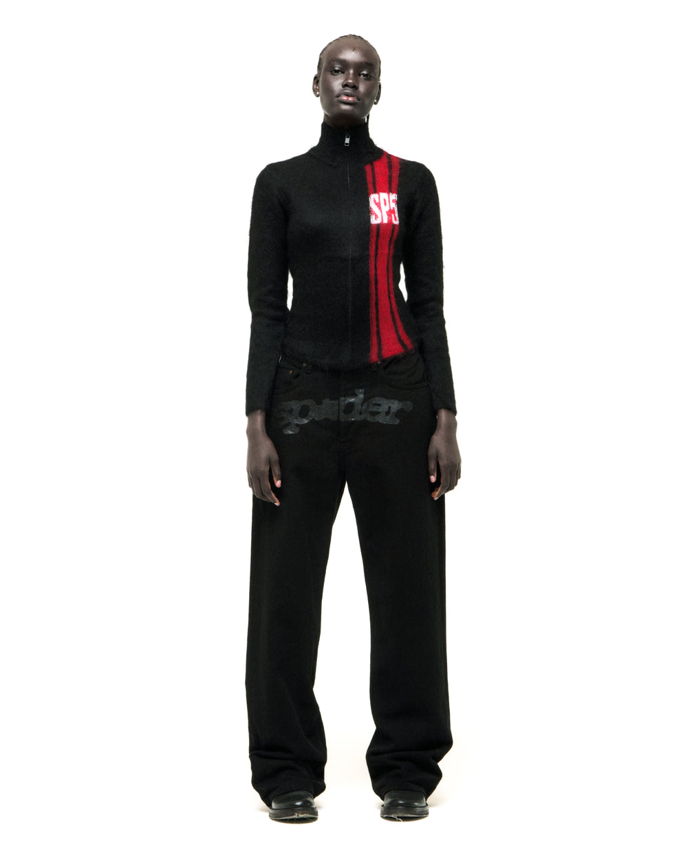 Black mohair knit zip sweater with red vertical stripe and "SP5" logo.