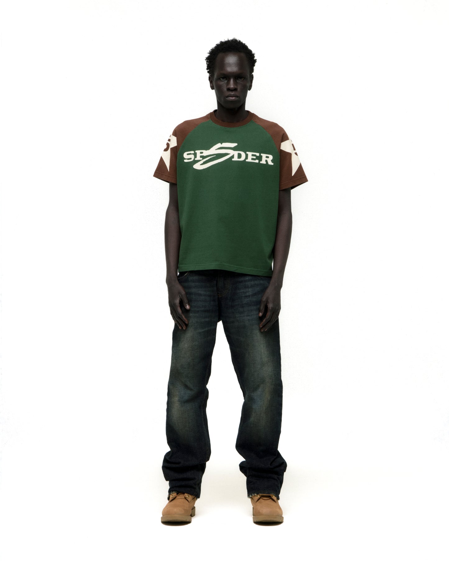 Men's 5UKI TEE: Green and brown color-block cotton tee with "SPYDER" graphic print.