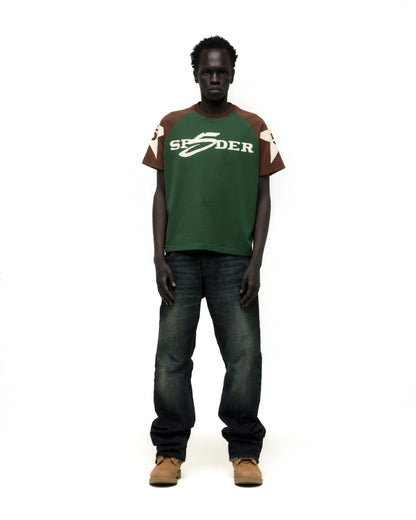 Men's 5UKI TEE: Green and brown color-block cotton tee with "SPYDER" graphic print.
