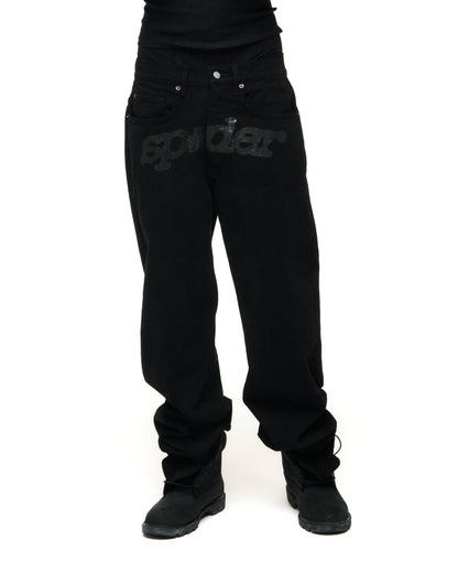 Black V3 DENIM pants with printed V3 logo at crotch, custom hardware, and straight leg fit.
