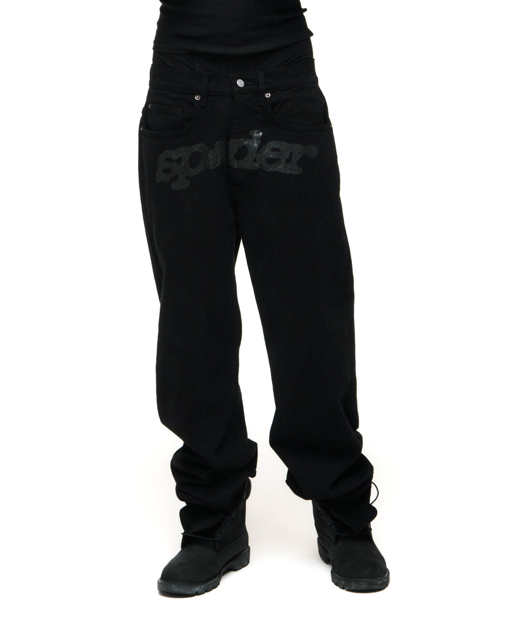 Black V3 DENIM pants with printed V3 logo at crotch, custom hardware, and straight leg fit.