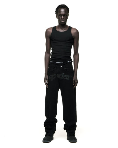 Black V3 DENIM pants with printed V3 logo at crotch, custom hardware, five-pocket styling, and straight leg fit.