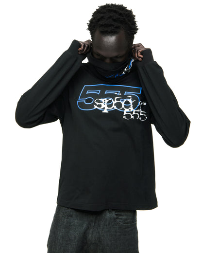 Black 555 SP5DER long sleeve tee with blue graphic print, worn by a person pulling up the collar.