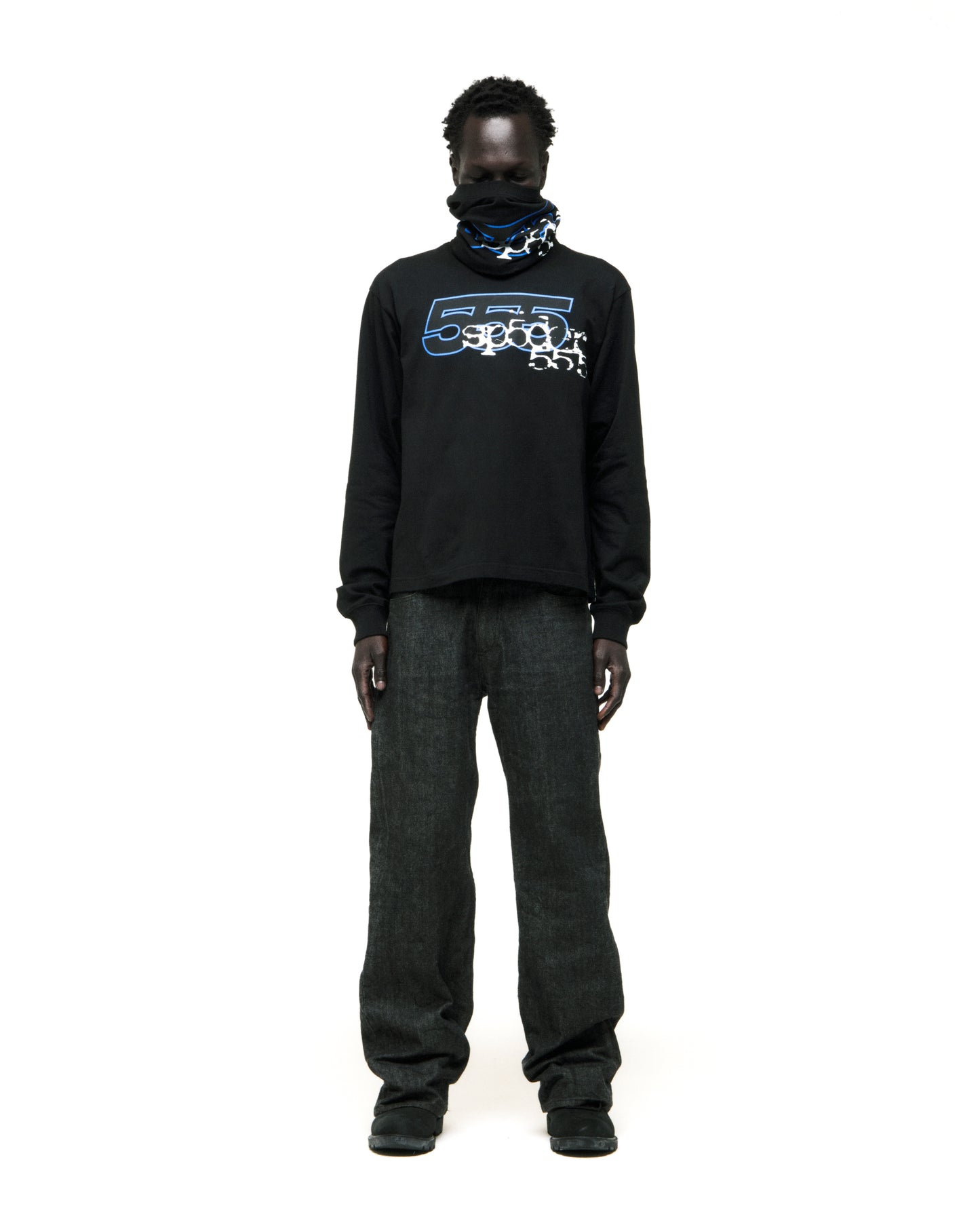 Black 555 SP5DER long sleeve tee with blue graphic print, worn by a model.