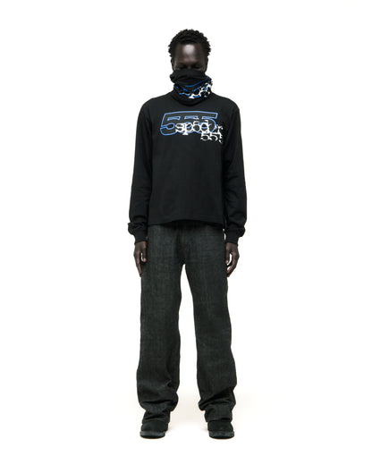 Black 555 SP5DER long sleeve tee with blue graphic print, worn by a model.