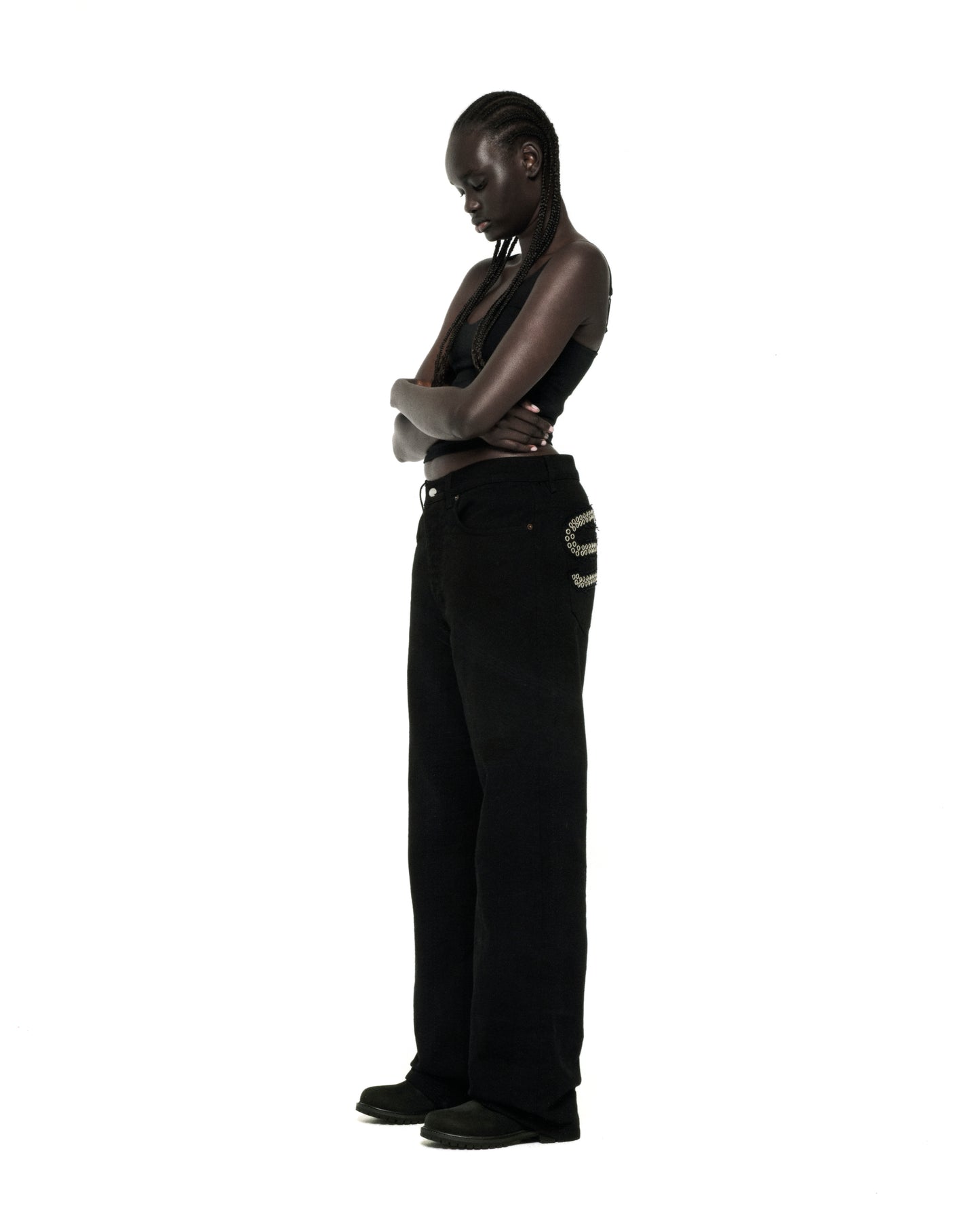 BLACK RIVET DENIM ON MODEL