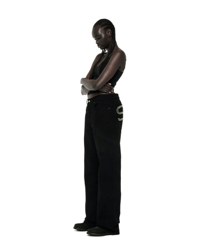 BLACK RIVET DENIM ON MODEL