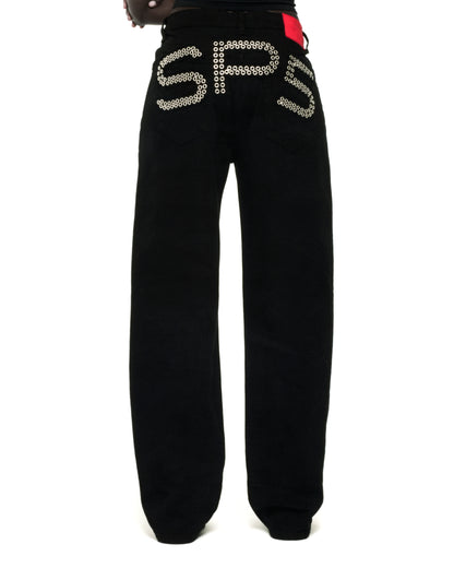 BLACK RIVET DENIM ON MODEL