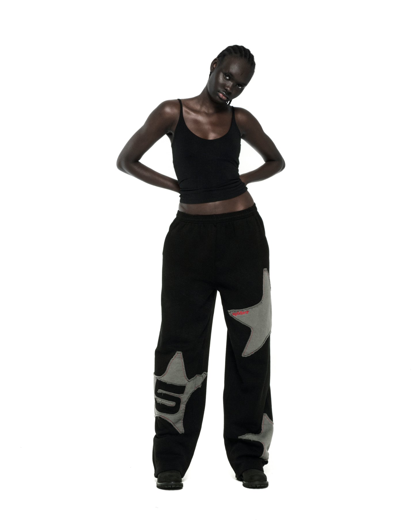 BLACK BIG STAR WIDE LEG SWEATPANT ON MODEL