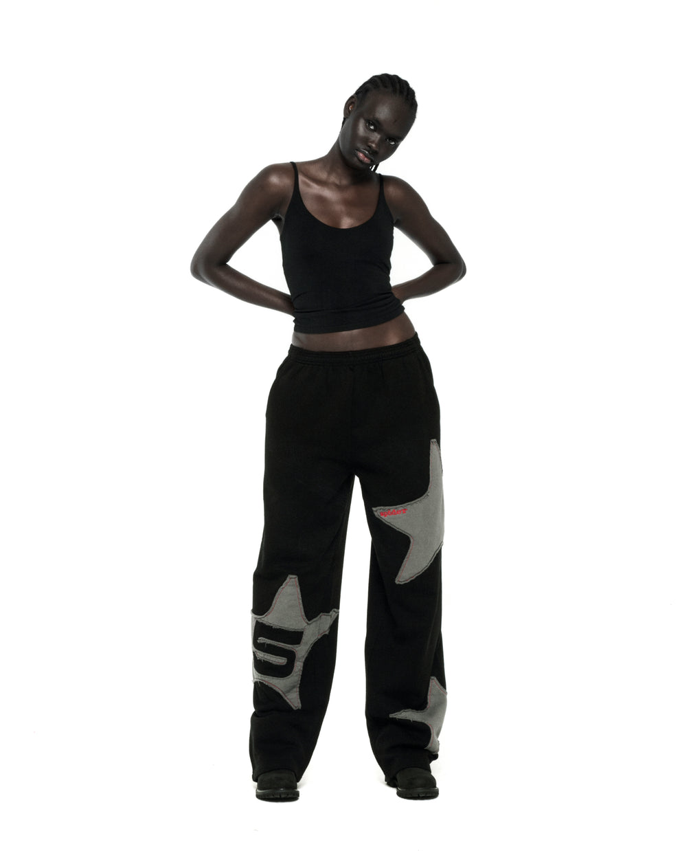 BLACK BIG STAR WIDE LEG SWEATPANT ON MODEL