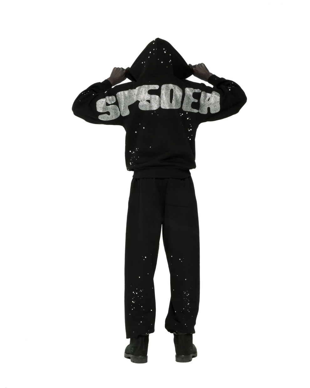 BLACK RHINESTONE SILK HOODIE ON MODEL