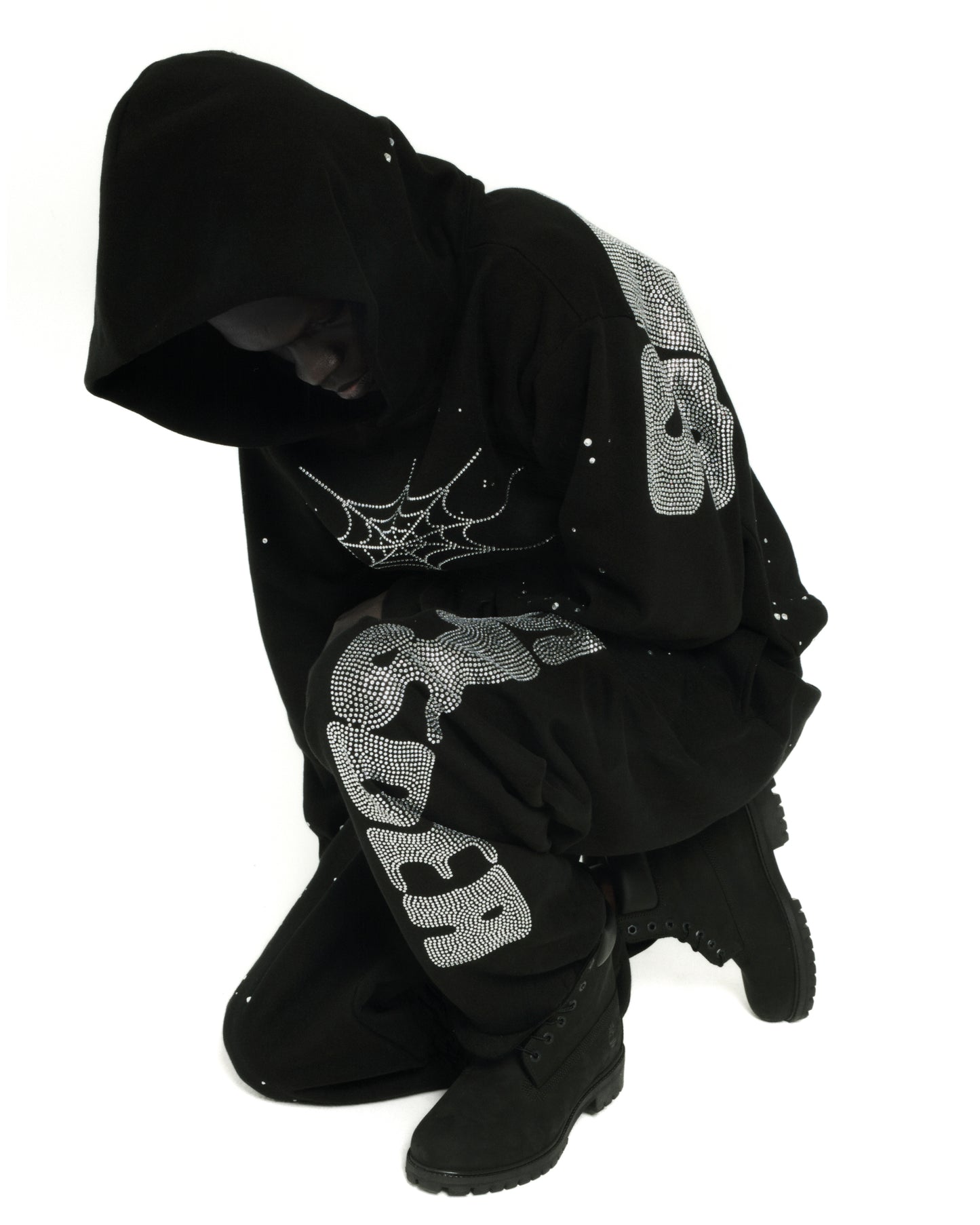 BLACK RHINESTONE SILK HOODIE ON MODEL
