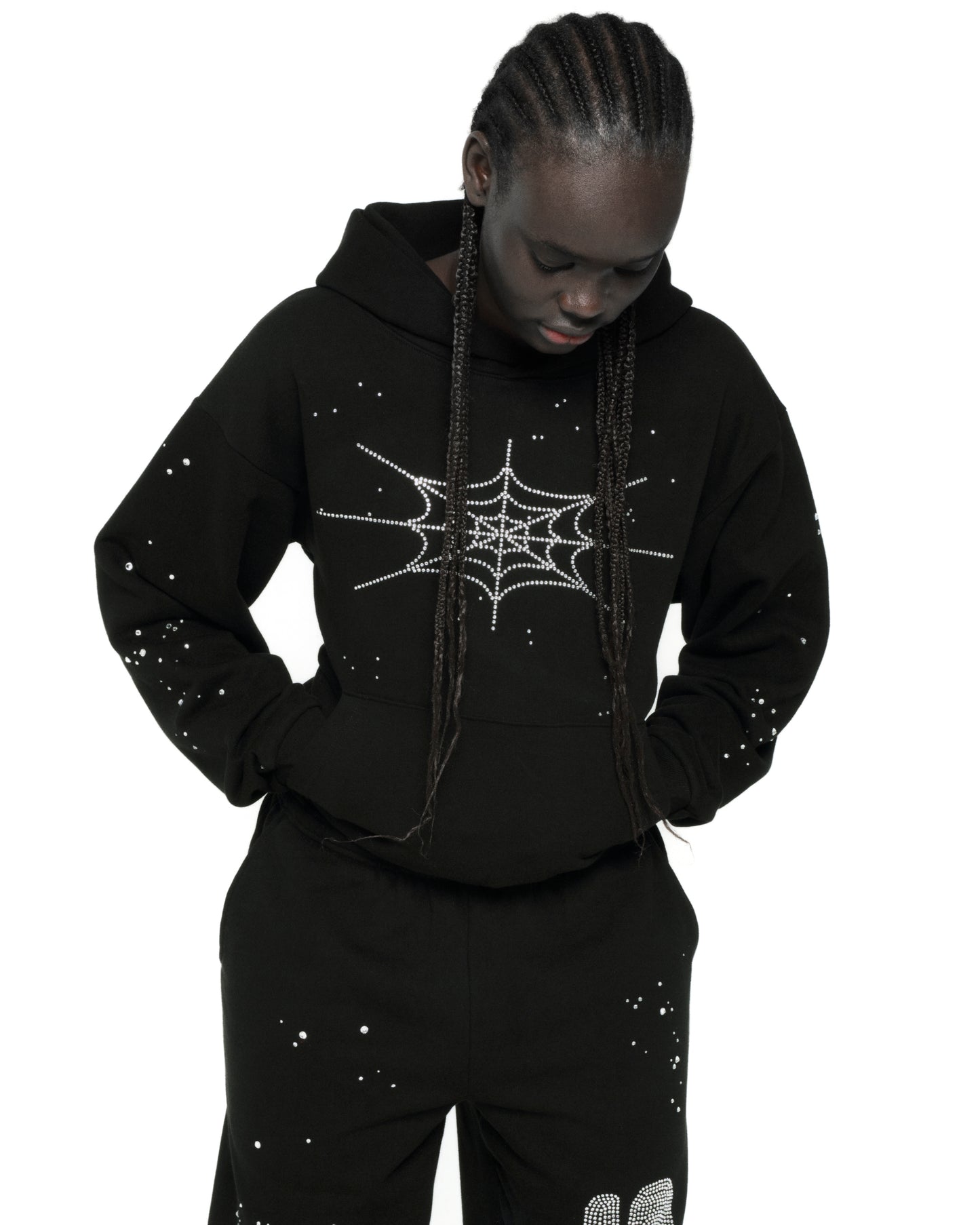 BLACK RHINESTONE SILK HOODIE ON MODEL