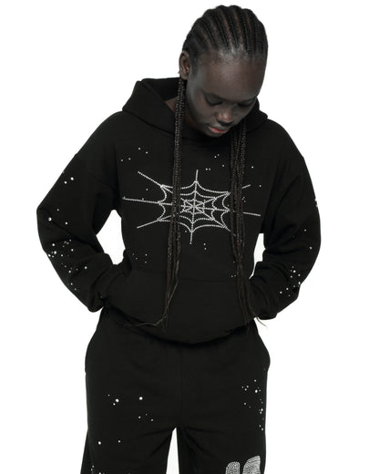 BLACK RHINESTONE SILK HOODIE ON MODEL