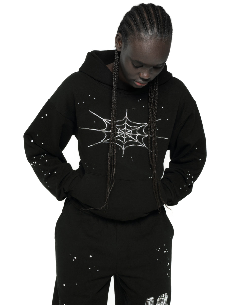 BLACK RHINESTONE SILK HOODIE ON MODEL