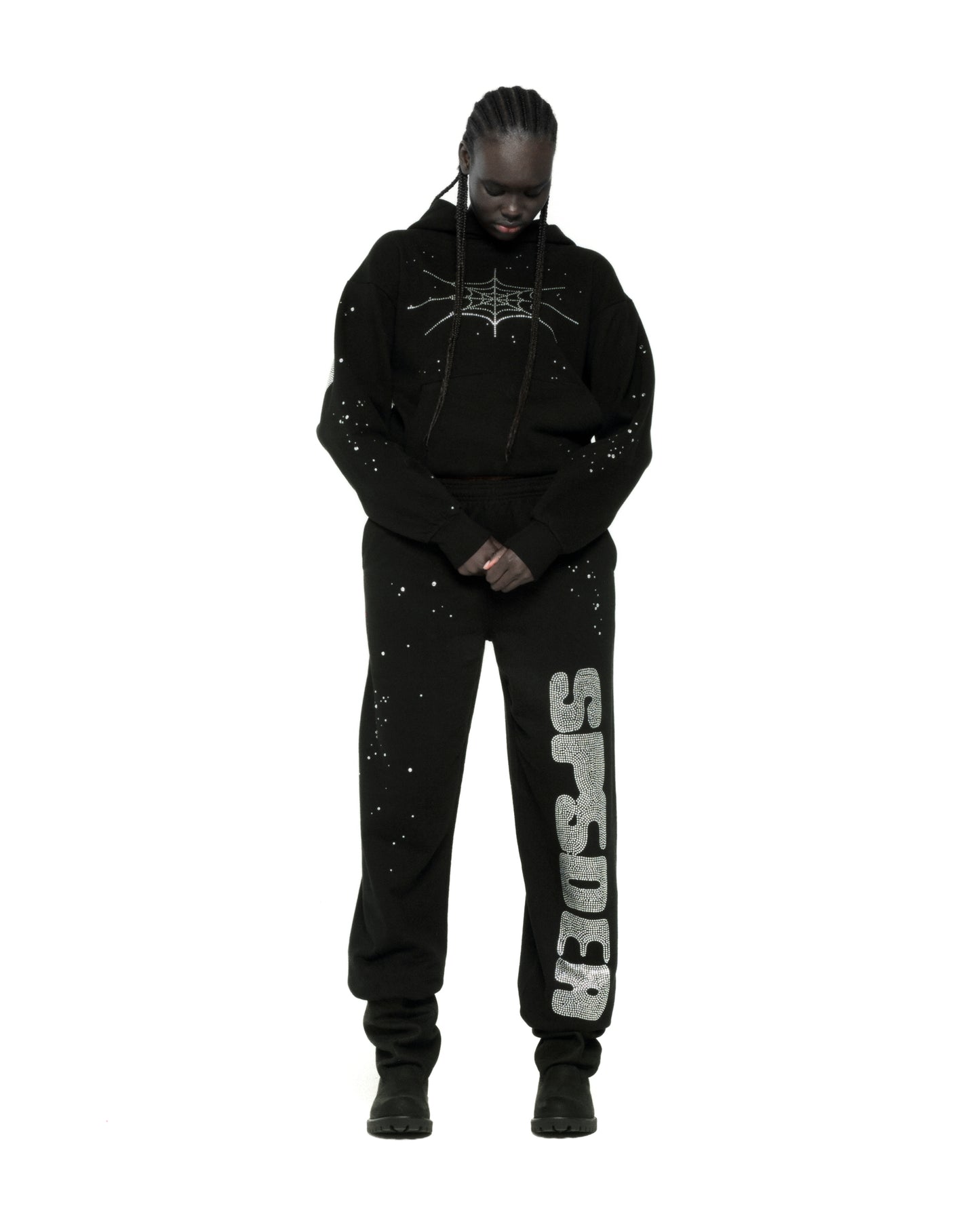 BLACK RHINESTONE SILK HOODIE ON MODEL