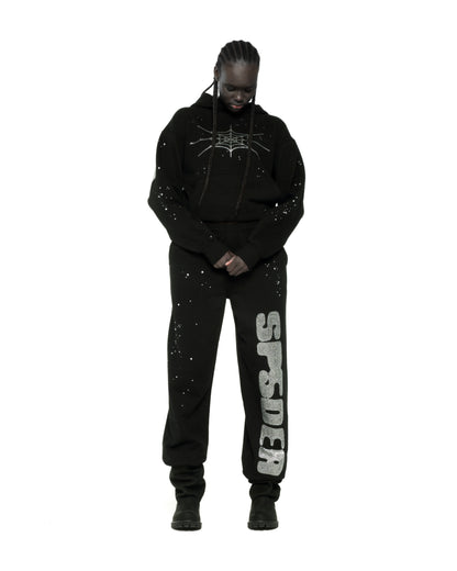 BLACK RHINESTONE SILK HOODIE ON MODEL