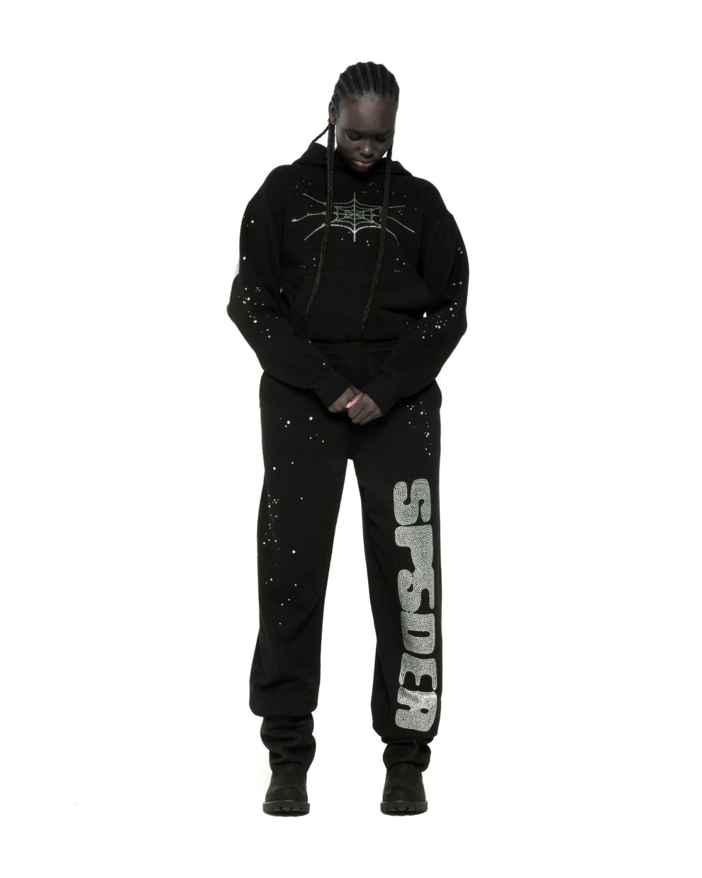 BLACK RHINESTONE SILK HOODIE ON MODEL
