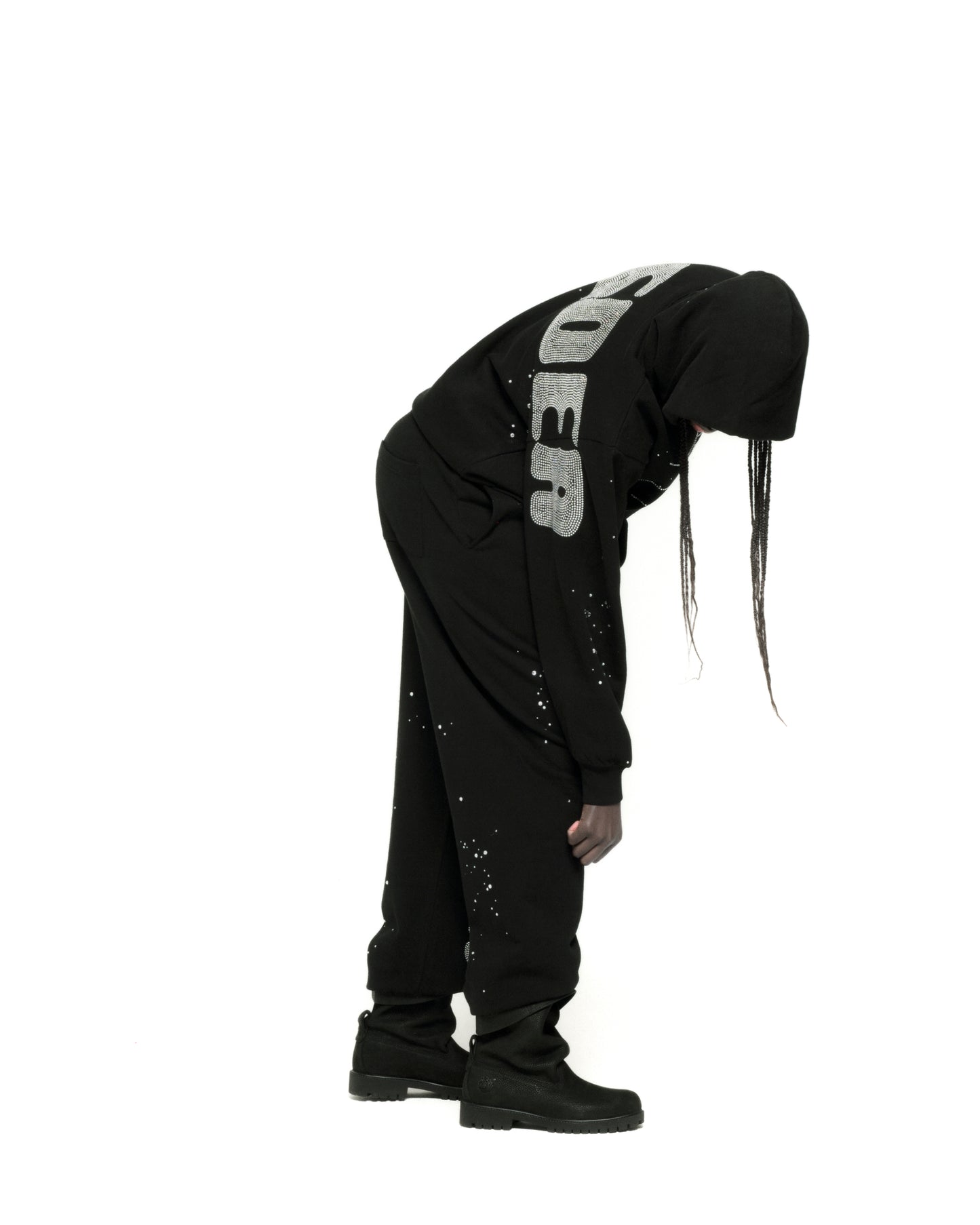 BLACK RHINESTONE SILK HOODIE ON MODEL
