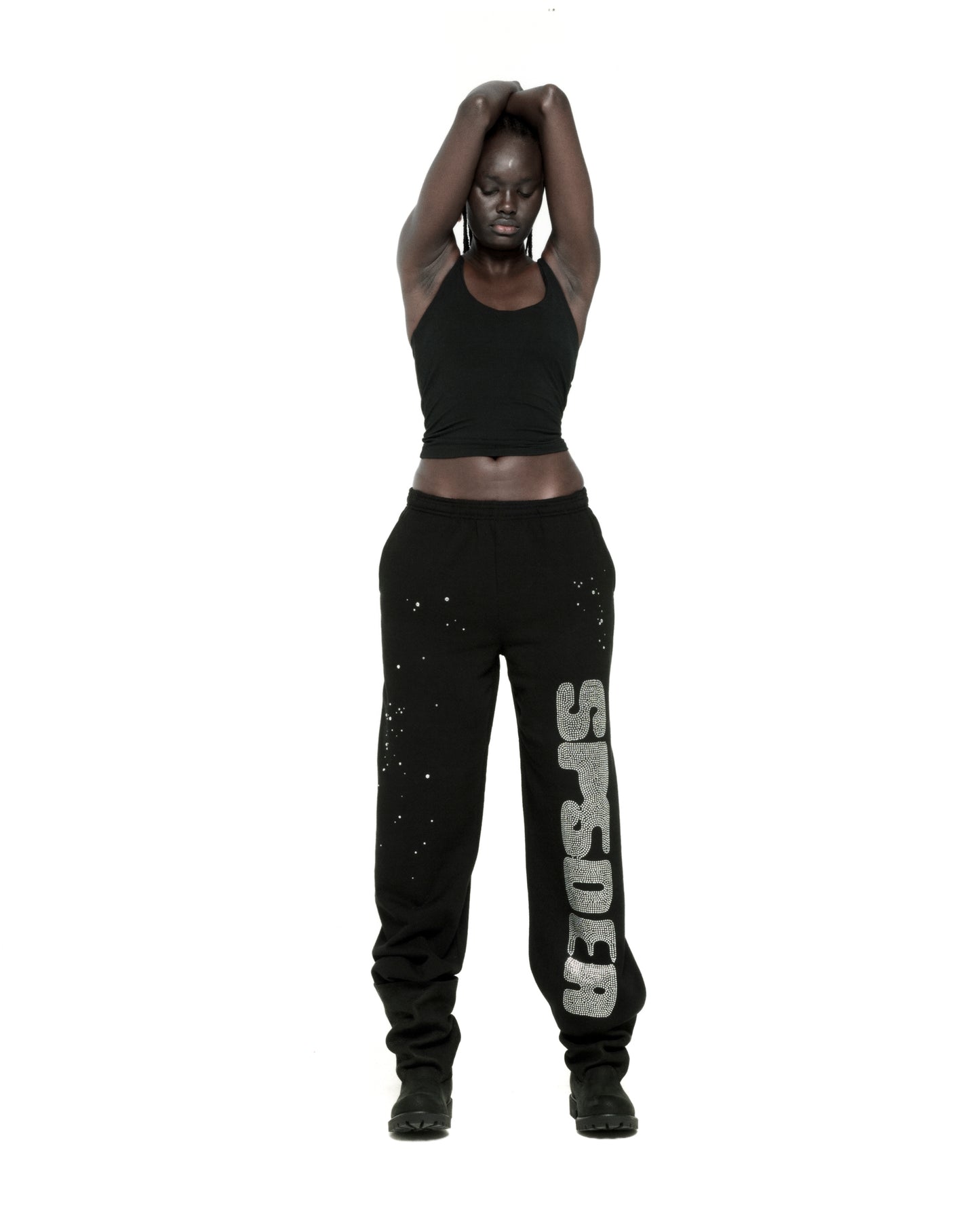 BLACK RHINESTONE SILK SWEATPANT ON MODEL