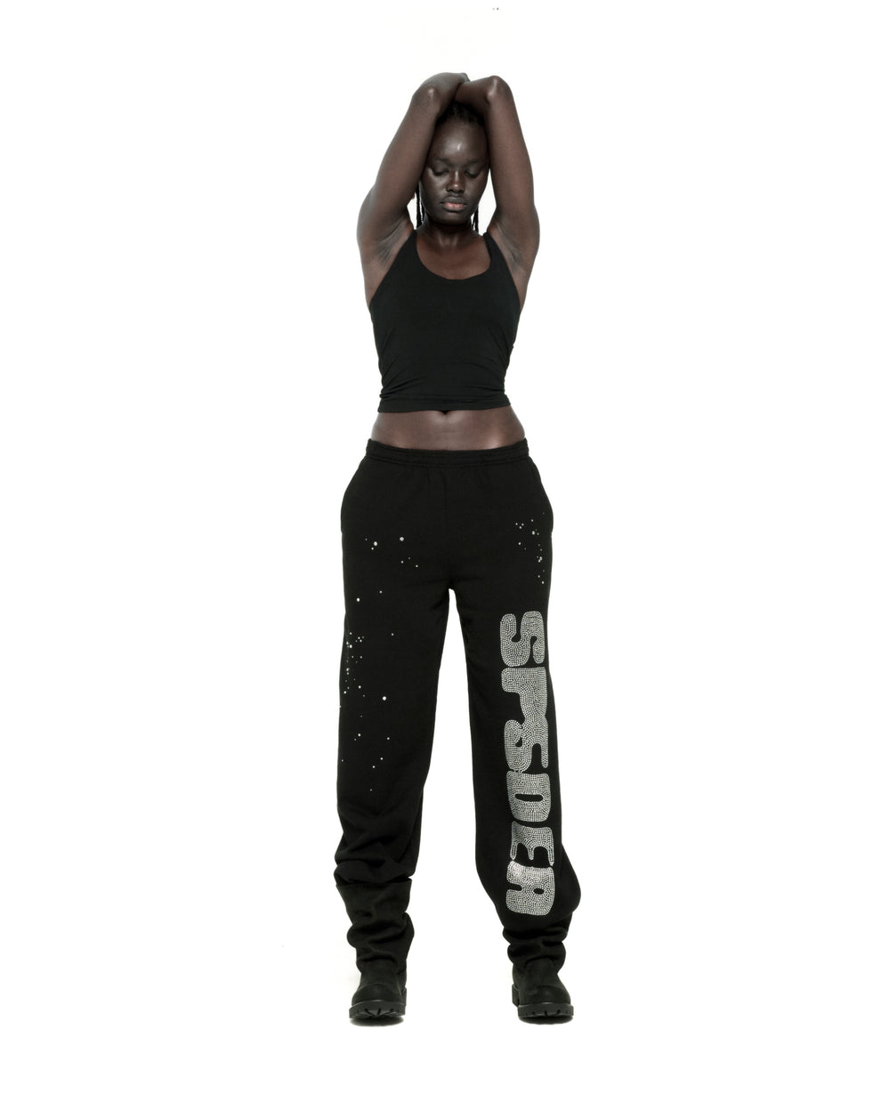 BLACK RHINESTONE SILK SWEATPANT ON MODEL