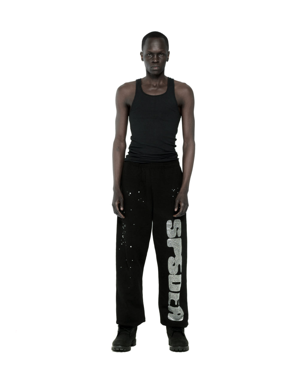 BLACK RHINESTONE SILK SWEATPANT ON MODEL