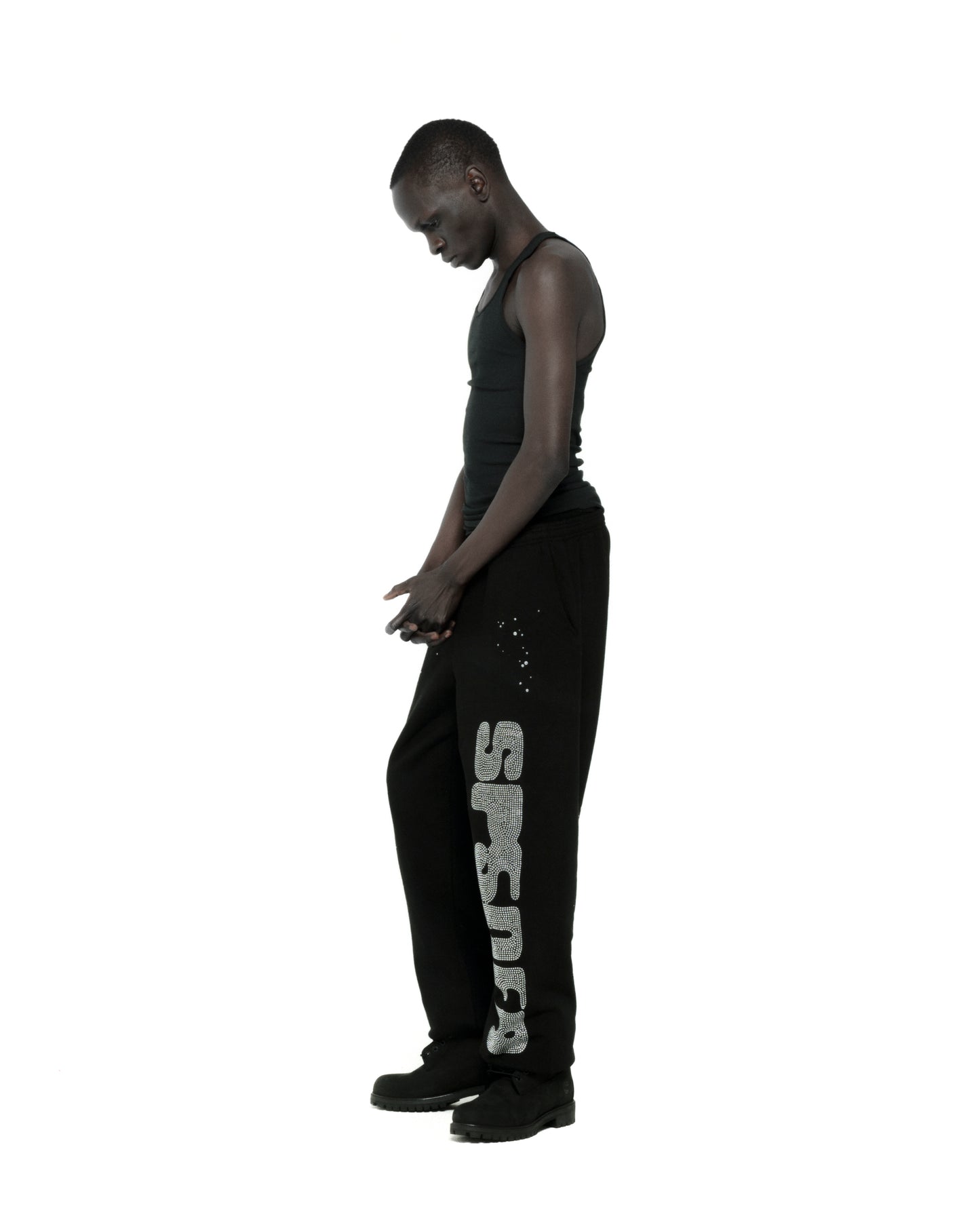 BLACK RHINESTONE SILK SWEATPANT ON MODEL