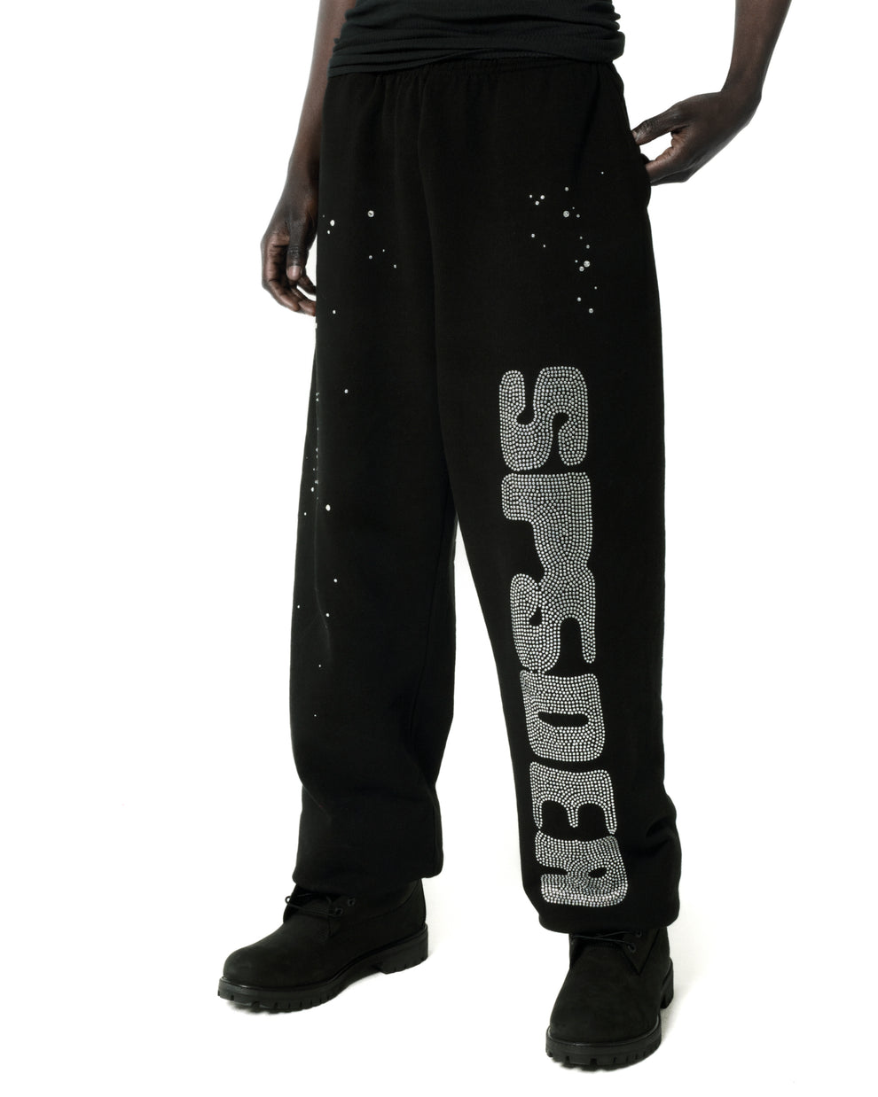 BLACK RHINESTONE SILK SWEATPANT ON MODEL